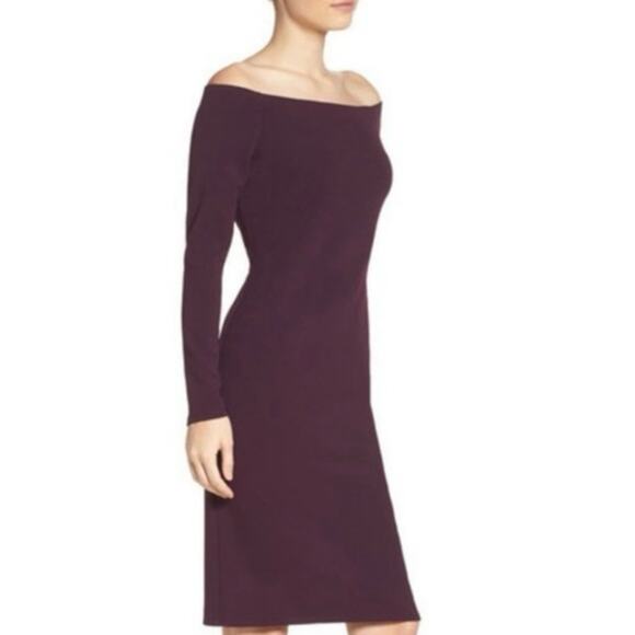Eliza J off shoulder sheath dress bodycon eggplant purple wine merlot size 12 - Picture 3 of 14